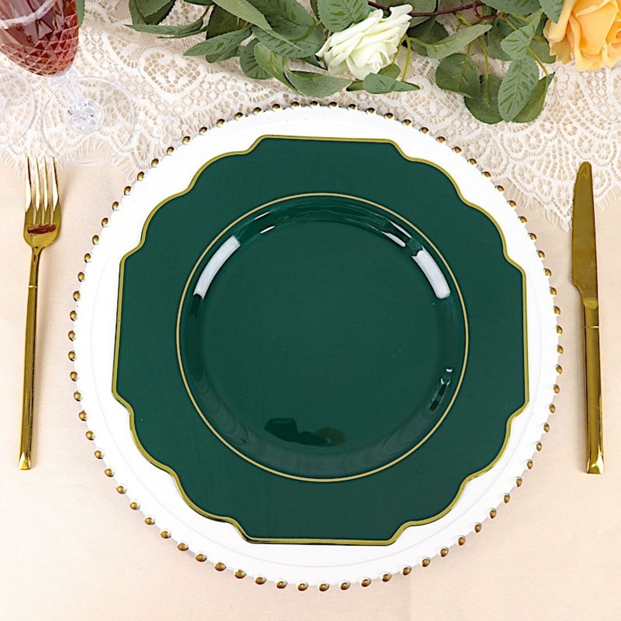 10 Pcs 12" Disposable Baroque Plastic Dinner Plates with Gold Rim